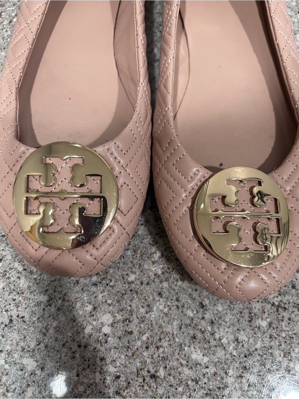Tory Burch Blush Quilted Logo Round-Toe Flats with Gold Medallion